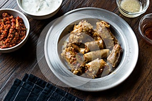 Turkish Food Minced Meat and Rice Stuffed Sheep Bowel Mumbar Dolma.