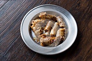 Turkish Food Minced Meat and Rice Stuffed Sheep Bowel Mumbar Dolma.