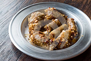 Turkish Food Minced Meat and Rice Stuffed Sheep Bowel Mumbar Dolma.