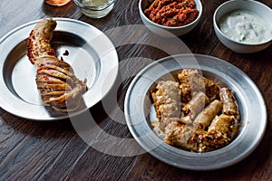 Turkish Food Minced Meat and Rice Stuffed Tripe Sirdan / Shirdan Dolma and Mumbar Dolmasi.
