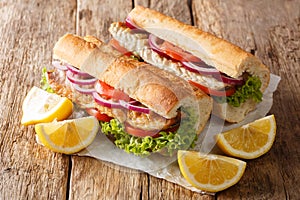 Turkish food sandwich balik Ekmek with grilled mackerel, tomatoes, onions and lettuce served with lemon closeup. horizontal