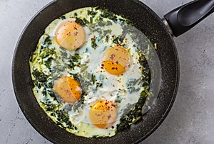 Turkish Food Spinach with Egg. Turkish name ispanakli yumurta