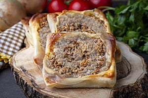 Turkish foods Kaytaz pastry with minced meat of Turkey Hatay - Antakya region (Turkish name Kaytaz boregi