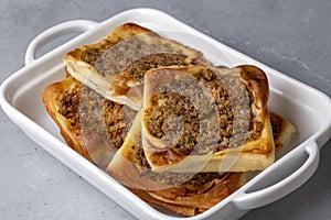 Turkish foods Kaytaz pastry with minced meat of Turkey Hatay - Antakya region (Turkish name Kaytaz boregi