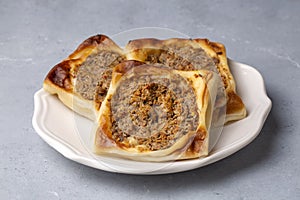 Turkish foods Kaytaz pastry with minced meat of Turkey Hatay - Antakya region (Turkish name Kaytaz boregi