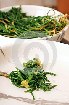 Turkish and Greek appetizers, sea cow pea with olive oil (salicornia or glasswort), Mediterranean meze