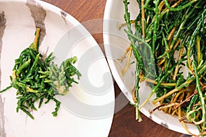 Turkish and Greek appetizers, sea cow pea with olive oil (salicornia or glasswort), Mediterranean meze