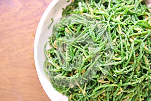 Turkish and Greek appetizers, sea cow pea with olive oil (salicornia or glasswort), Mediterranean meze