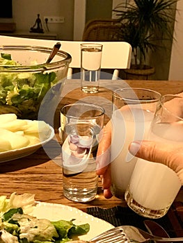 Turkish and Greek Traditional Dinning Table with Special Alcohol Drink Raki. Ouzo