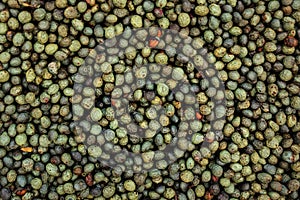 Turkish green, blue and black tellicherry pepper displayed on food market. Kyrenia, Cyprus