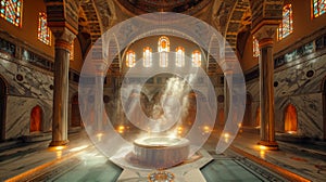 Turkish hammam with elegant marble interior, ambient lighting, dome ceiling in high res photography