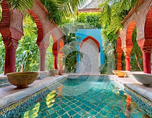A Turkish hammam, such as lush greenery and decorative water features