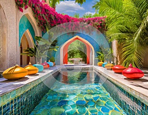 A Turkish hammam, such as lush greenery and decorative water features