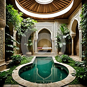 A Turkish hammam, such as lush greenery and decorative water features, to convey a sense of tranquility and rejuvenation