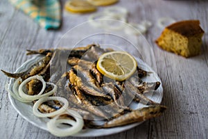 Turkish Hamsi Tava with cornbread / Fried Anchovies