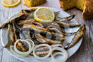 Turkish Hamsi Tava with cornbread / Fried Anchovies