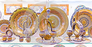 Turkish handmade ceramics, plates, wine bottles and glasses