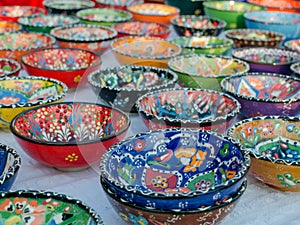 Turkish handmade colourful ceramic plates and bowls. Close up