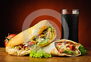 Turkish kebab, shawarma and cola drink