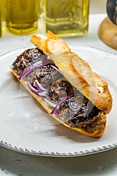 Turkish Kofte Ekmek / Meatball Sandwich with Red Onions. Traditional Fast Food from Turkey