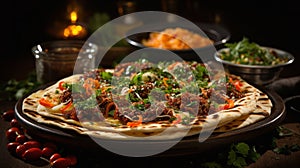 Turkish Lahmacun close-up. Generative AI.