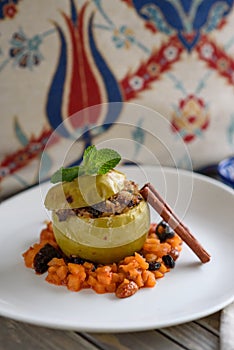 Turkish Lamb Meat and Rice Stuffed Apples Garnished with Spiced Vegetables, Dried Fruit and Nuts, Etli Elma Dolmasi