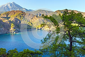 Turkish landscape with Olympos mountain, beach green forest