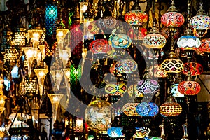 Turkish lanterns, old style lamps sold at Grand Bazar, craftsmanshift, colorfull lamps displayd at sunset