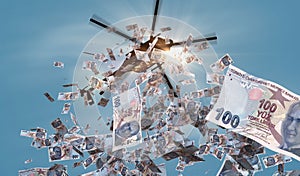 Turkish lira 100 TRY banknotes helicopter money dropping 3d illustration