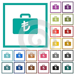 Turkish Lira bag flat color icons with quadrant frames
