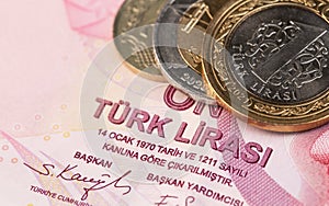 Turkish Lira banknote with liras metal coins