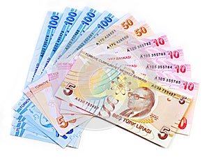 Turkish Lira Banknotes Stock money over the white background