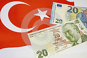 Turkish lira and euro banknotes on background