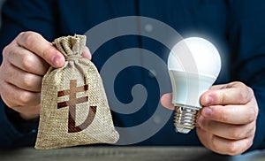 Turkish lira money bag and burning idea light bulb in the hands of a man.