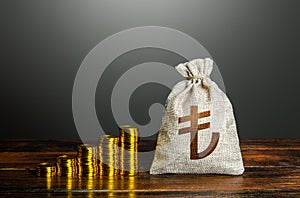 Turkish lira money bag and increasing stacks of coins. Savings and accumulation. Rise in profits, budget fees. Financial success.