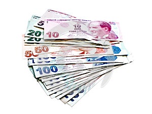 Turkish lira money Heap of banknotes over white background