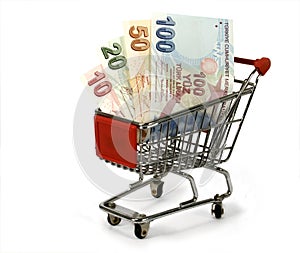Turkish lira in shopping trolley photo