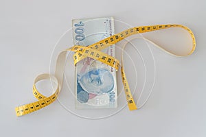 Turkish lira is tightened with measurement tape. Turkey\'s lira crisis.