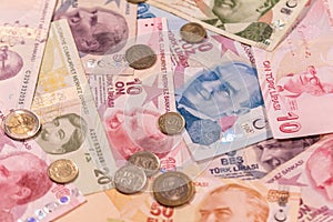 Turkish lira TL. TRY banknotes and coins