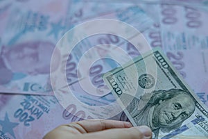 Turkish liras. Buying Turkish liras with 100 USD. Economic crisis in Turkey