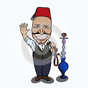 Turkish man with hookah waving hand