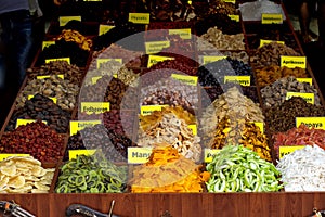 Turkish Market Stall Displaying colourful dried fruits