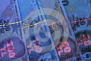 Turkish money lira in UV rays