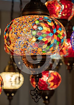 Turkish mosaic lambs. glass lamp mosaic chandelier glass in grand bazaar.