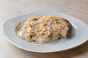 Turkish Muhallebi Pudding with Walnut, Banana and Ladyfinger Biscuits photo