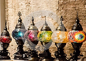 Turkish multicoloured lanterns put in the Istanbul` s Grand bazaar photo