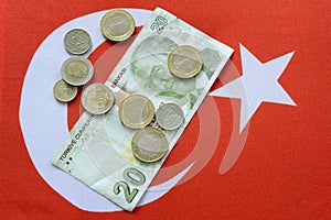 Turkish national currency lira on turkish flag