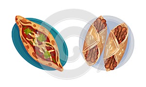 Turkish National Food with Pide Pizza with Forcemeat Above View Vector Set