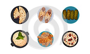 Turkish National Food with Rice and Dolma Above View Vector Set