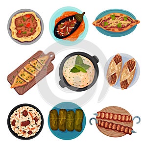 Turkish National Food with Turkish Pie Pide and Dolma Top View Vector Set